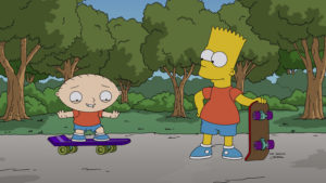 Stewie impara ad usare lo skateboard grazie al suo nuovo amico, Bart Simpson