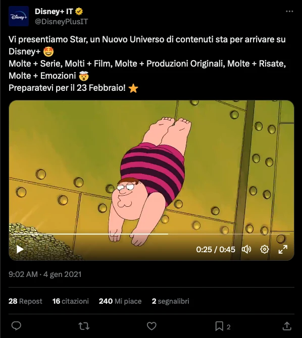 Tweet di @DisneyPlusIT pubblicato il 4 gennaio 2021